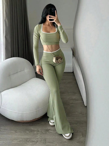 Low Waist Elastic Cropped Long Sleeve Top And Flared Leg Pants