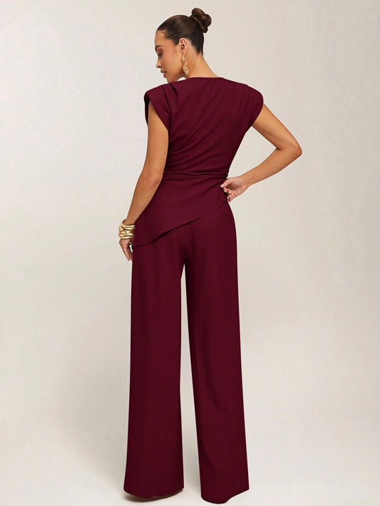Women's Elegant Solid Color Wide Shoulder Asymmetric Hem Blouse & Pants