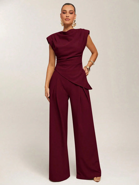 Women's Elegant Solid Color Wide Shoulder Asymmetric Hem Blouse & Pants