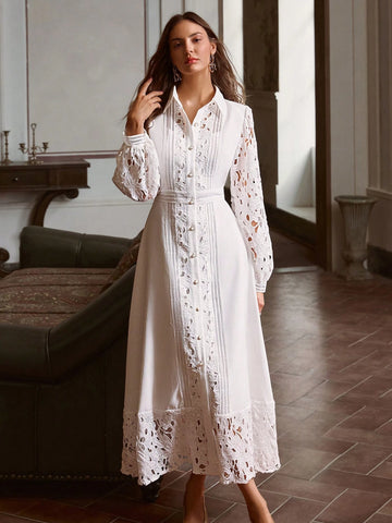 Hollow Lace Patchwork Button Decor Long Dress