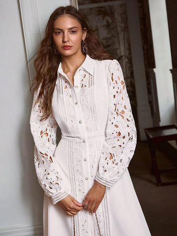 Hollow Lace Patchwork Button Decor Long Dress