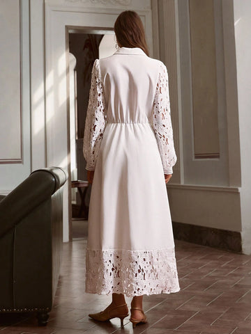 Hollow Lace Patchwork Button Decor Long Dress
