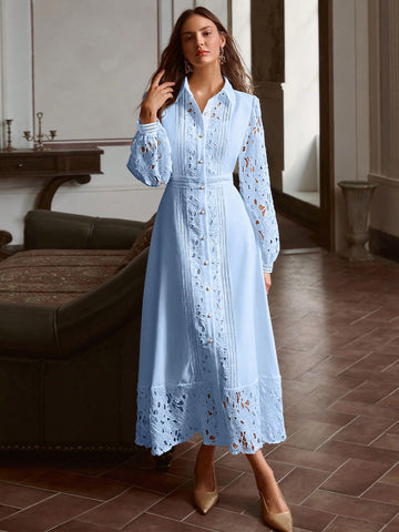 Hollow Lace Patchwork Button Decor Long Dress