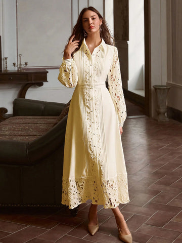Hollow Lace Patchwork Button Decor Long Dress