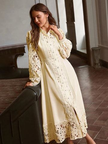Hollow Lace Patchwork Button Decor Long Dress