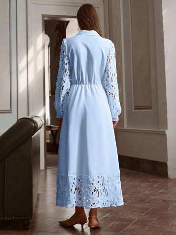 Hollow Lace Patchwork Button Decor Long Dress