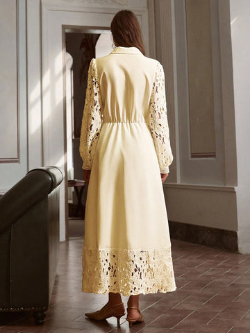 Hollow Lace Patchwork Button Decor Long Dress