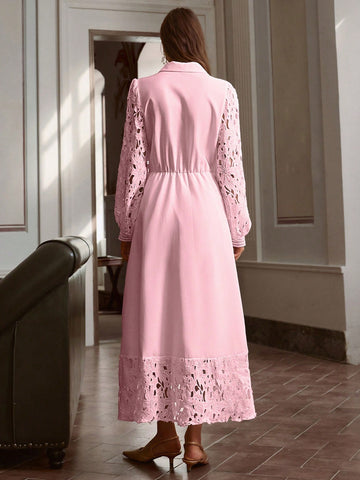 Hollow Lace Patchwork Button Decor Long Dress