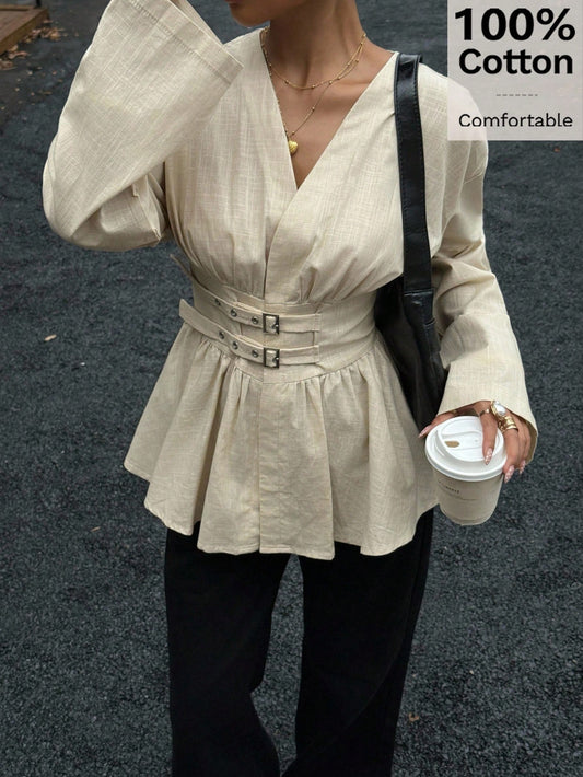 Cotton Waist Cinching Double Belt Long Sleeve Shirt