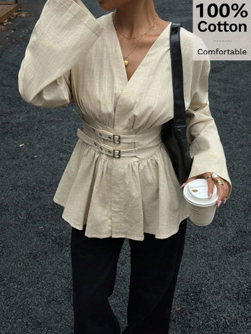 Cotton Waist Cinching Double Belt Long Sleeve Shirt