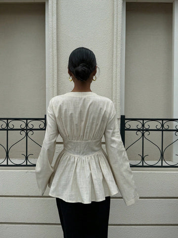 Cotton Waist Cinching Double Belt Long Sleeve Shirt