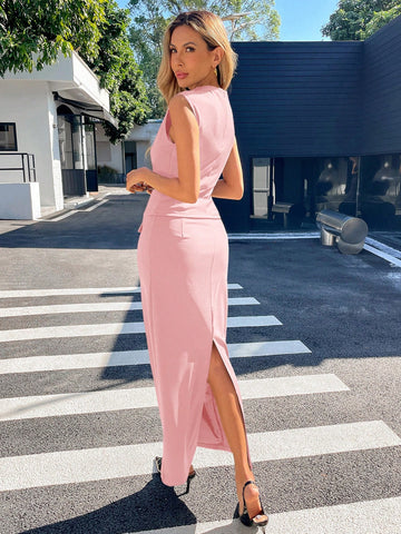 Women Plain Collar Sleeveless Blouse And Mini Skirt