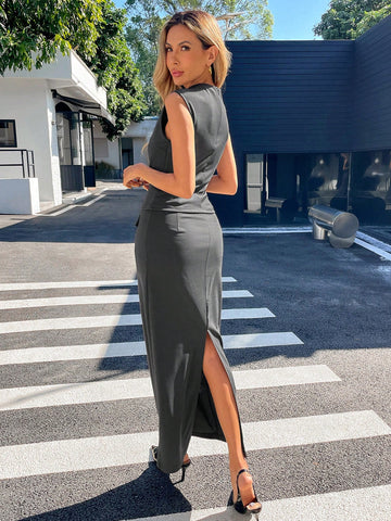Women Plain Collar Sleeveless Blouse And Mini Skirt