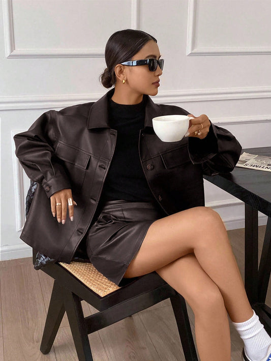 Women Solid Color Front Button Long Sleeve Pocket Blouse And A-Line Skirt