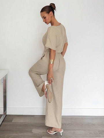 Siren Gaze 2pcs/Set Women Solid Color Pleated Shirt And Pants Casual Suit