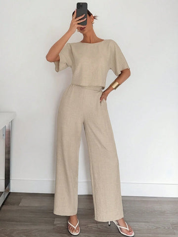 Siren Gaze 2pcs/Set Women Solid Color Pleated Shirt And Pants Casual Suit