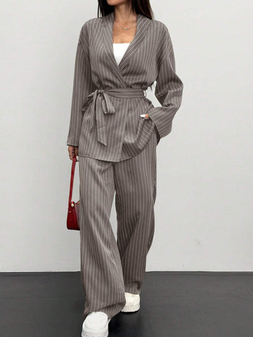 Women's Striped Wrap Casual Kimono Suit Set
