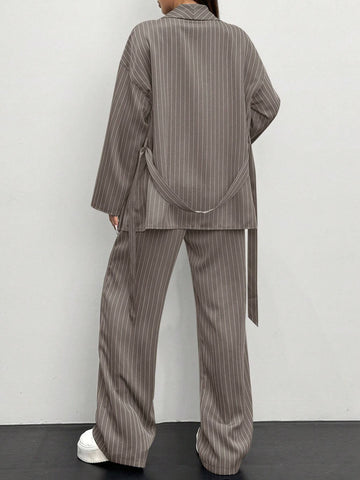Women's Striped Wrap Casual Kimono Suit Set