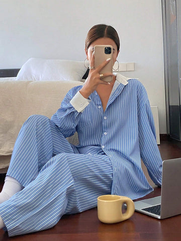 2pcs Women Casual/Business Striped Long Sleeve Shirt And Pants Set