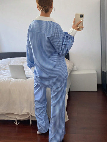 2pcs Women Casual/Business Striped Long Sleeve Shirt And Pants Set