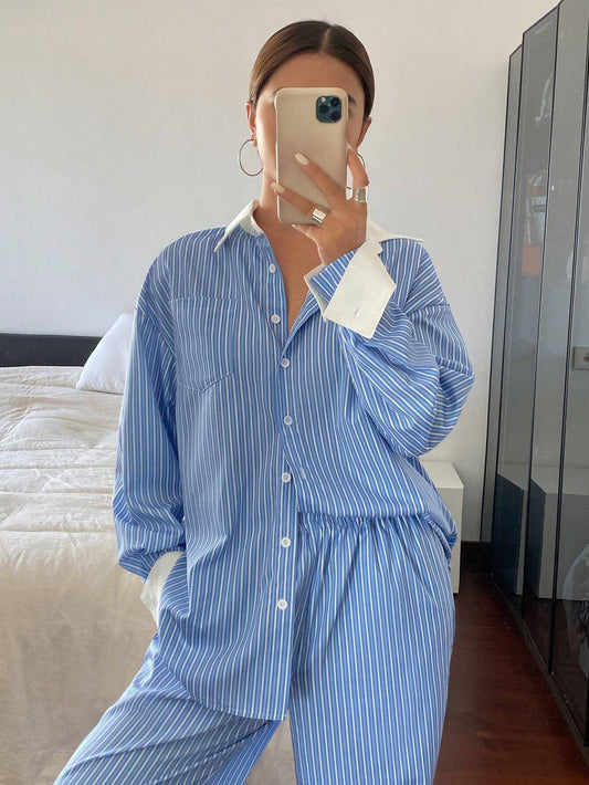 2pcs Women Casual/Business Striped Long Sleeve Shirt And Pants Set