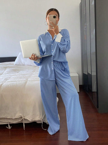 2pcs Women Casual/Business Striped Long Sleeve Shirt And Pants Set