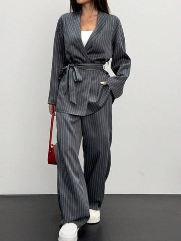 Women's Striped Wrap Casual Kimono Suit Set