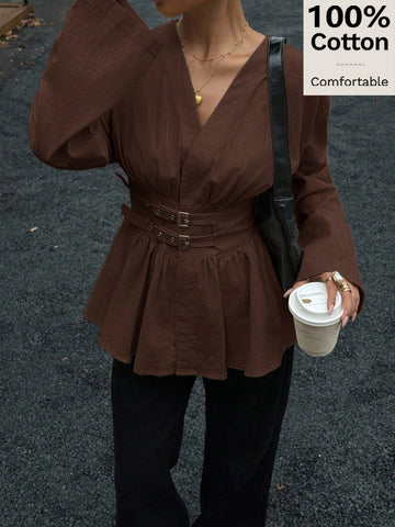 Cotton Waist Cinching Double Belt Long Sleeve Shirt