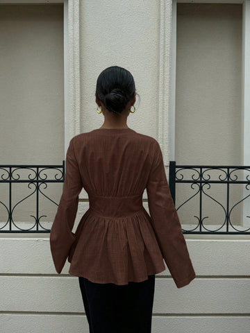 Cotton Waist Cinching Double Belt Long Sleeve Shirt