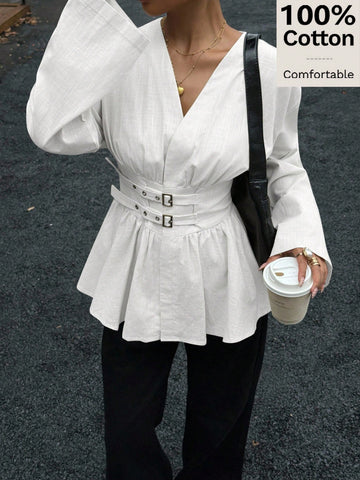 Cotton Waist Cinching Double Belt Long Sleeve Shirt