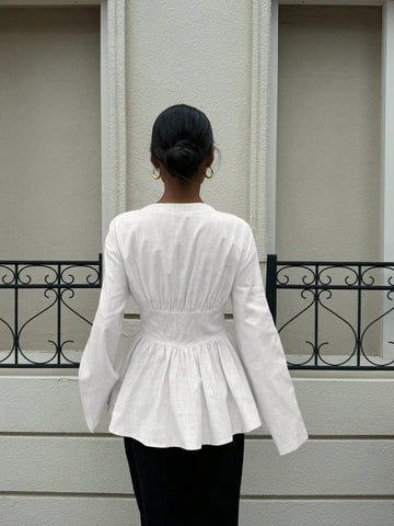 Cotton Waist Cinching Double Belt Long Sleeve Shirt