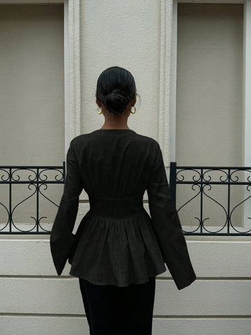 Cotton Waist Cinching Double Belt Long Sleeve Shirt