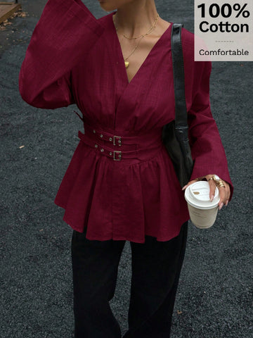 Cotton Waist Cinching Double Belt Long Sleeve Shirt