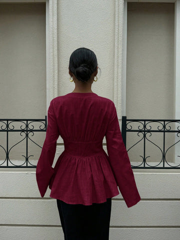 Cotton Waist Cinching Double Belt Long Sleeve Shirt