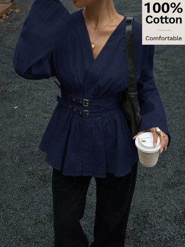 Cotton Waist Cinching Double Belt Long Sleeve Shirt