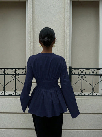 Cotton Waist Cinching Double Belt Long Sleeve Shirt