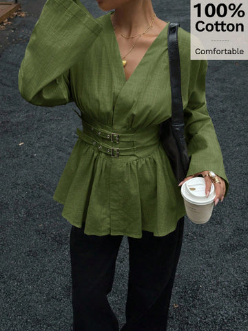 Cotton Waist Cinching Double Belt Long Sleeve Shirt