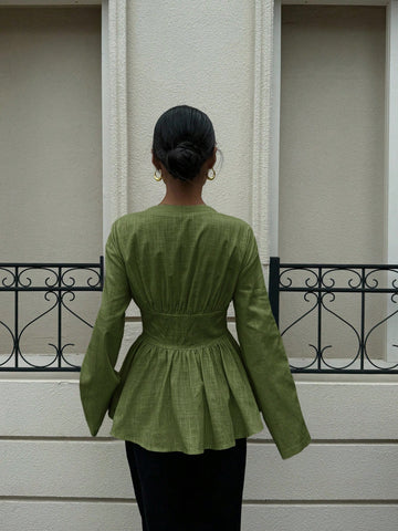 Cotton Waist Cinching Double Belt Long Sleeve Shirt
