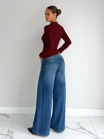 Siren Gaze Soft Asymmetric Drape Hollow Metal Buckle Decor Long Sleeve T-Shirt