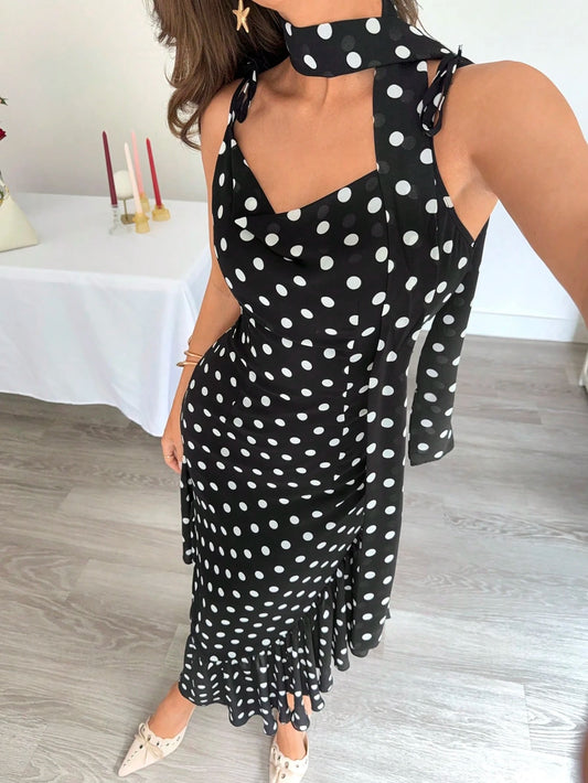Polka Dot Strapless Maxi Dress With Detachable Scarf