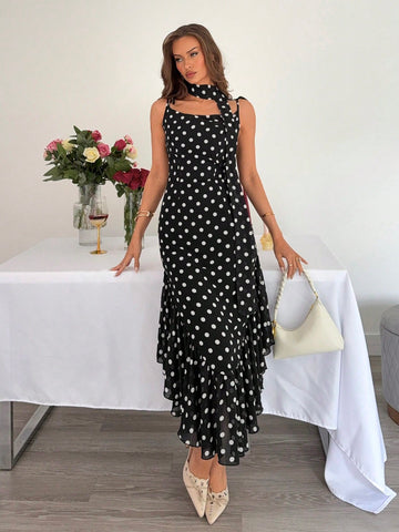 Polka Dot Strapless Maxi Dress With Detachable Scarf