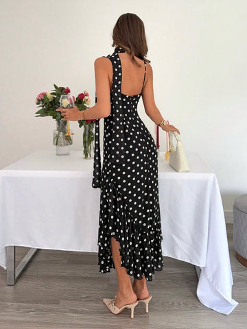 Polka Dot Strapless Maxi Dress With Detachable Scarf