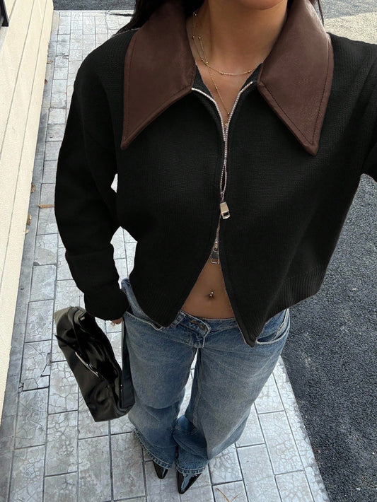 Siren Gaze Vintage Patchwork Collar Short Cardigan Sweater