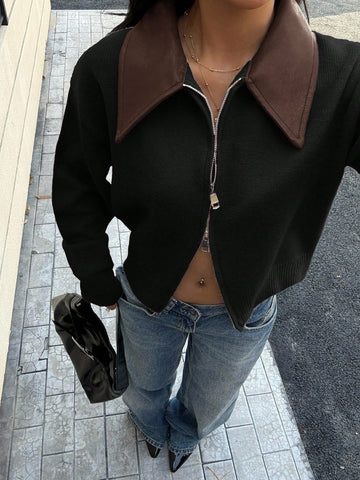 Siren Gaze Vintage Patchwork Collar Short Cardigan Sweater