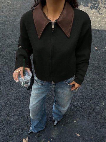 Siren Gaze Vintage Patchwork Collar Short Cardigan Sweater