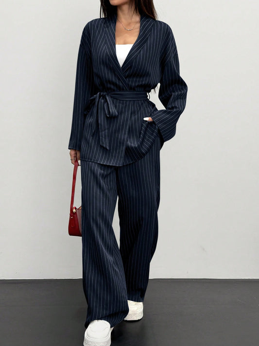 Women's Striped Wrap Casual Kimono Suit Set