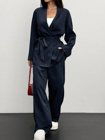 Women's Striped Wrap Casual Kimono Suit Set