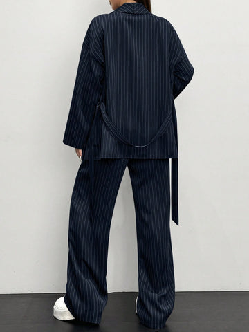Women's Striped Wrap Casual Kimono Suit Set