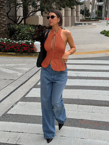Siren Gaze Women's Bow Tie Cutout Hollow Vest, Slim Fit