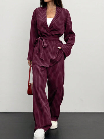 Women's Striped Wrap Casual Kimono Suit Set